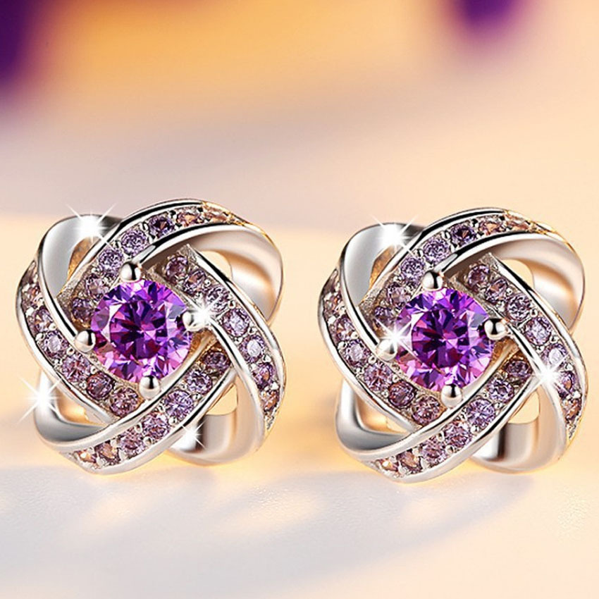 Purple Rhinestone Stud Earrings Gift For Women